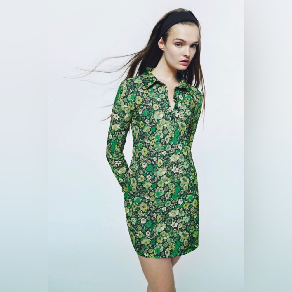 Zara Green Collared Print Dress NWT S